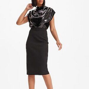 Express Work Sequin Draped Mock Neck Midi Dress - Black - Size XL